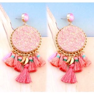 Pink Boho Fringed Tassel Earrings